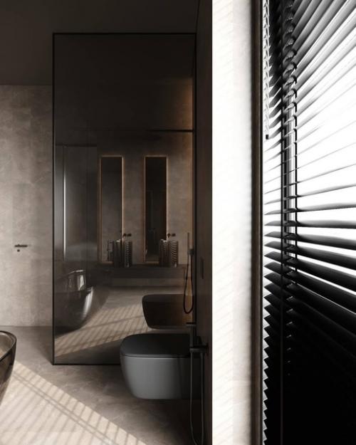 Тёмное оформление просторного санузла с роскошной прозрачной ванной. 04