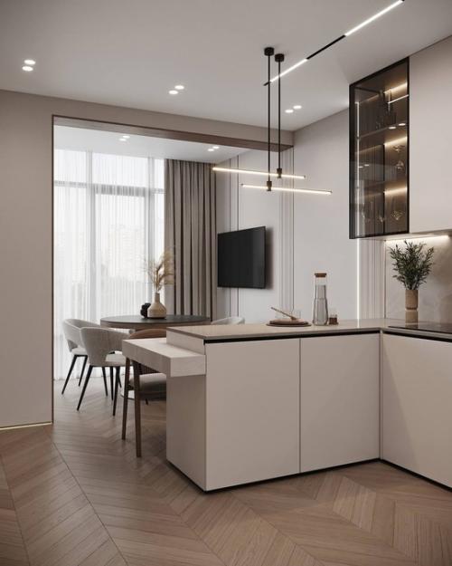 Интерьер кухни в современном стиле в тёплых уютных тонах. 04