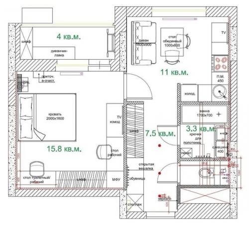 Не стали в жилой комнате пытаться выделить спальню и гостиную. 07