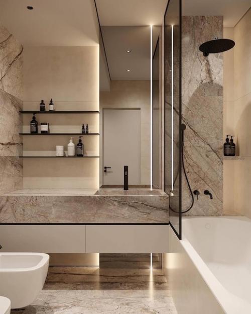 Дизайн санузла в теплых оттенках с интересной фактурой керамогранита. 02