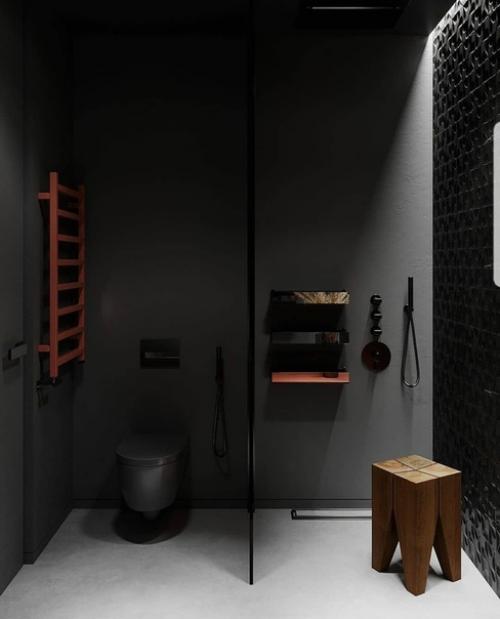 Темный интерьер ванной комнаты с душевой. 01