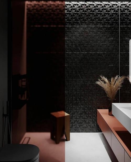 Темный интерьер ванной комнаты с душевой. 02