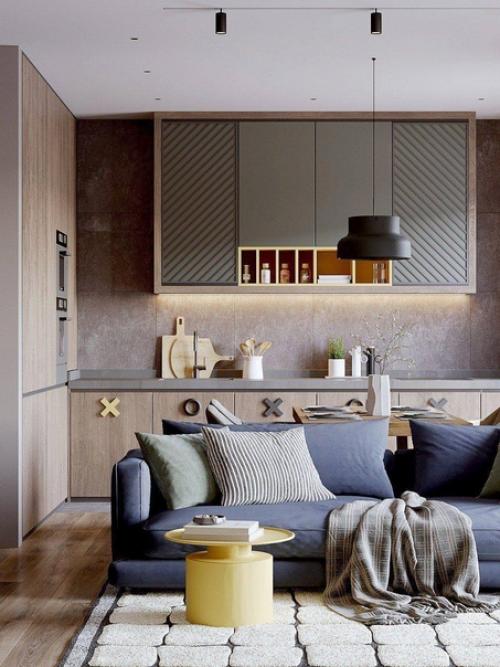 Десять кадров интерьера уютной кухни - гостиной в тёплых тонах. 01