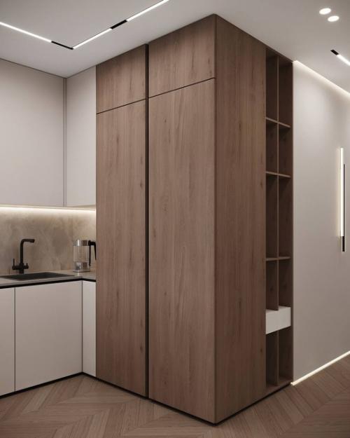 Интерьер кухни в современном стиле в тёплых уютных тонах. 05