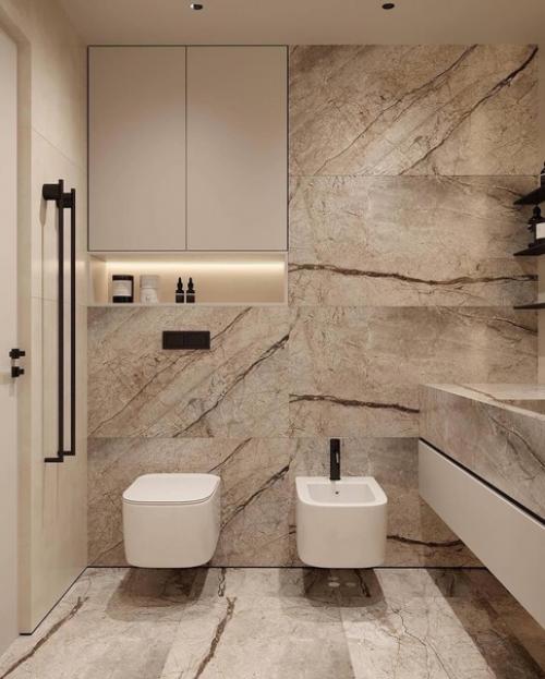 Дизайн санузла в теплых оттенках с интересной фактурой керамогранита. 01