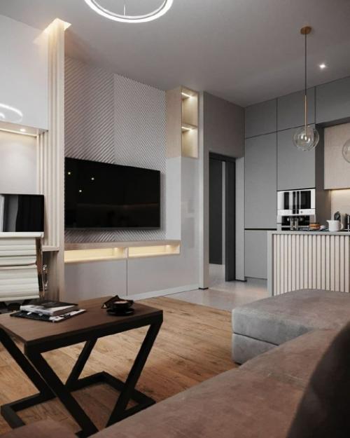 Стильный дизайн - проект совмещенной кухни - гостиной. 02