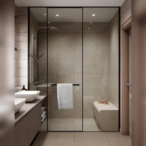 Гостевая ванная комната в загородном доме в приятных природных оттенках. 03