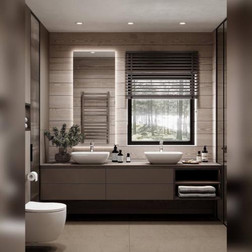 Гостевая ванная комната в загородном доме в приятных природных оттенках. 01