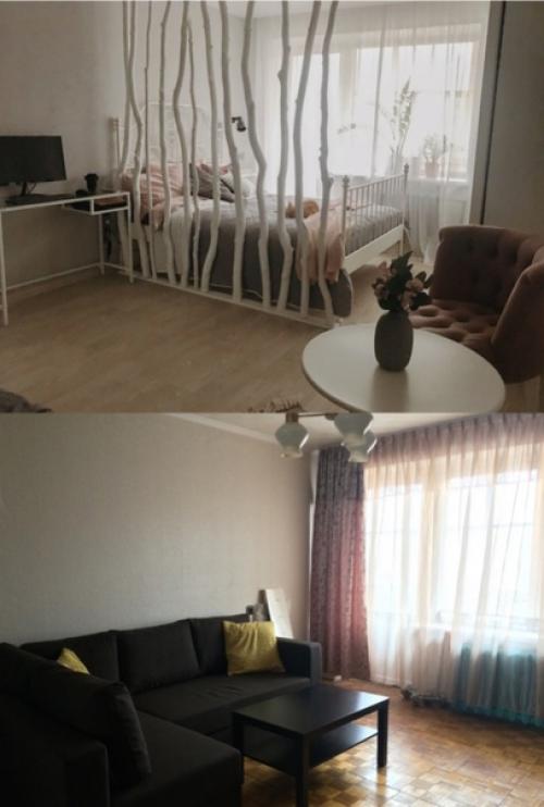 Задача: сделать из комнаты 2 функции: спальня и гостиная, поэтому реализация идеи с помощью зонирования. 01