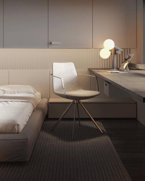 Интерьер просторной спальни в минималистичном стиле. 03