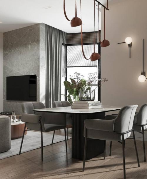 Интерьер кухни - гостиной с интересным сочетанием оттенков и фактур. 05