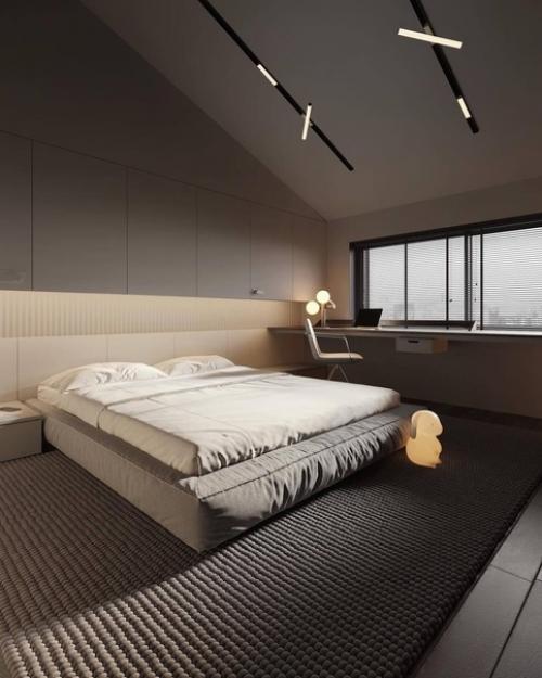 Интерьер просторной спальни в минималистичном стиле. 01