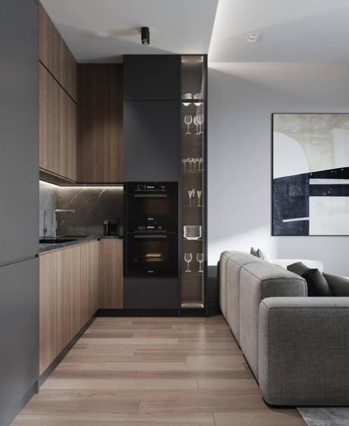 Интерьер кухни - гостиной с интересным сочетанием оттенков и фактур. 03