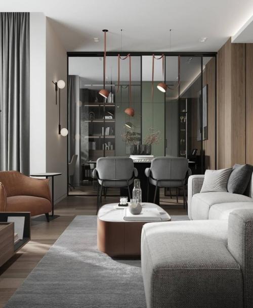 Интерьер кухни - гостиной с интересным сочетанием оттенков и фактур. 01