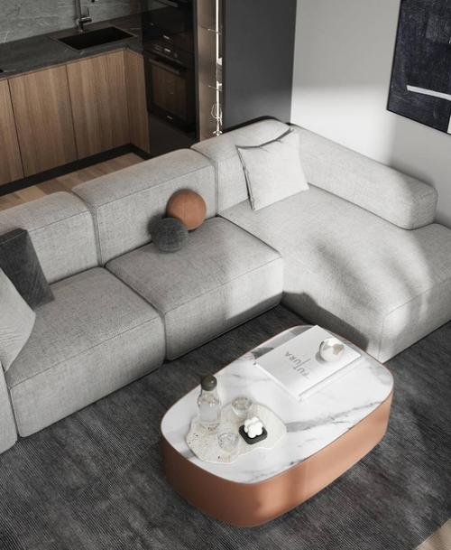 Интерьер кухни - гостиной с интересным сочетанием оттенков и фактур. 02