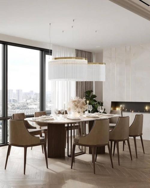 Изысканный и утончённый интерьер кухни - гостиной со столовой зоной. 07