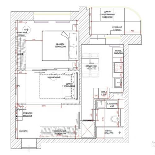 Крутой дизайн - проект однокомнатной квартиры с интересным зонированием спального места. 09