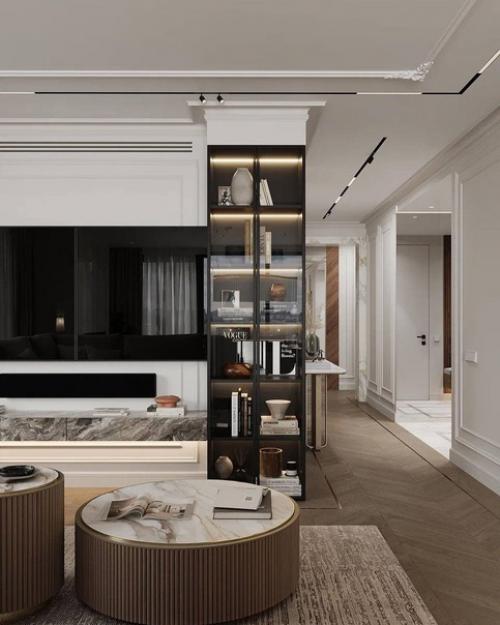 Изысканный и утончённый интерьер кухни - гостиной со столовой зоной. 04