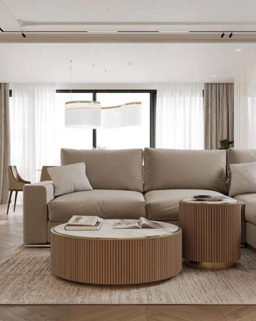 Изысканный и утончённый интерьер кухни - гостиной со столовой зоной. 05