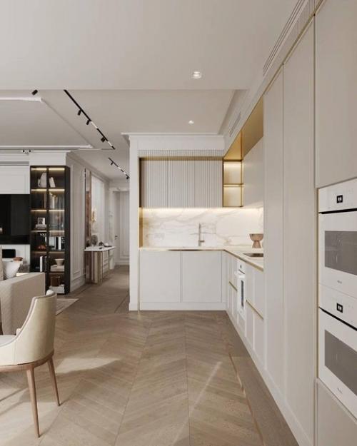 Изысканный и утончённый интерьер кухни - гостиной со столовой зоной. 08