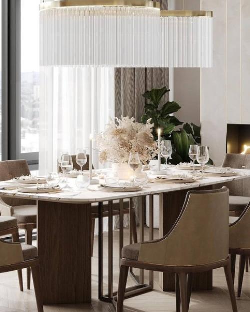 Изысканный и утончённый интерьер кухни - гостиной со столовой зоной. 03