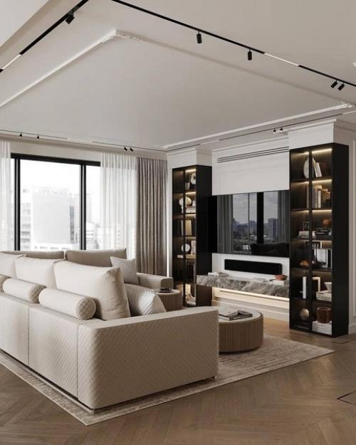 Изысканный и утончённый интерьер кухни - гостиной со столовой зоной. 06