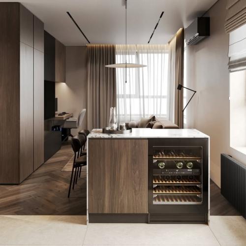 Десять кадров интерьера квартиры, площадью 66 квадратных метров в светло-бежевых тонах. 02