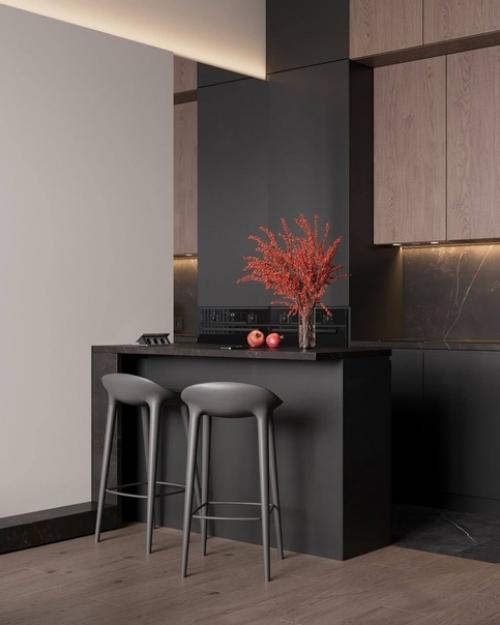 Темные интерьеры создают уникальную атмосферу элегантности, смелости и приватности, что придает помещению изысканность и шарм. 03