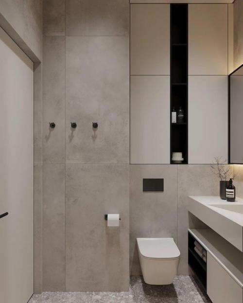 Интерьер санузла в современном стиле в светлых тонах с контрастной черной сантехникой. 03