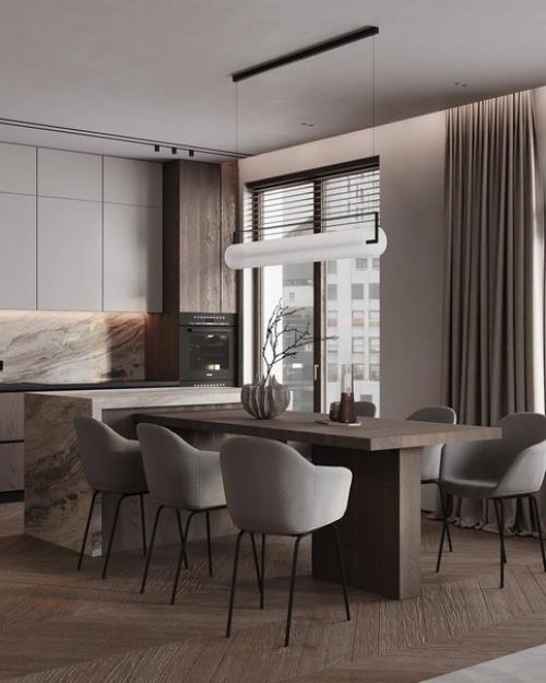 Кухня - гостиная в ЖК Нева Хаус, вот такая достаточно минималистичная и современная, но, в то же время очень уютная. 01