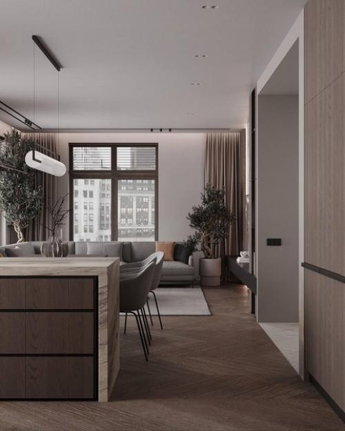 Кухня - гостиная в ЖК Нева Хаус, вот такая достаточно минималистичная и современная, но, в то же время очень уютная. 03