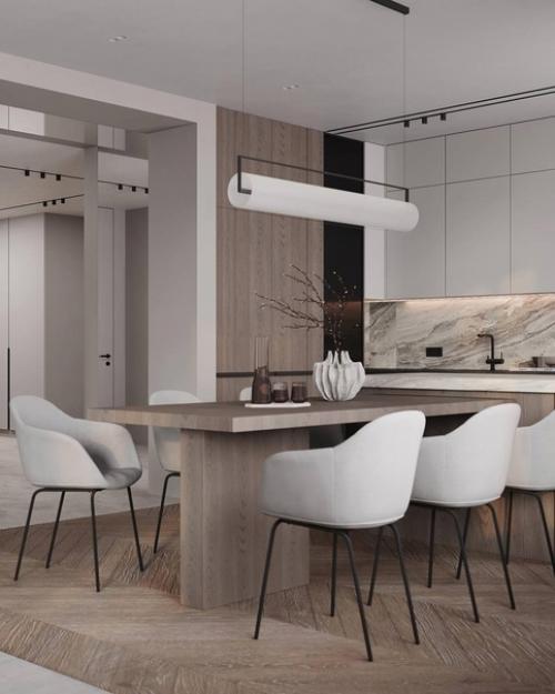 Кухня - гостиная в ЖК Нева Хаус, вот такая достаточно минималистичная и современная, но, в то же время очень уютная. 02