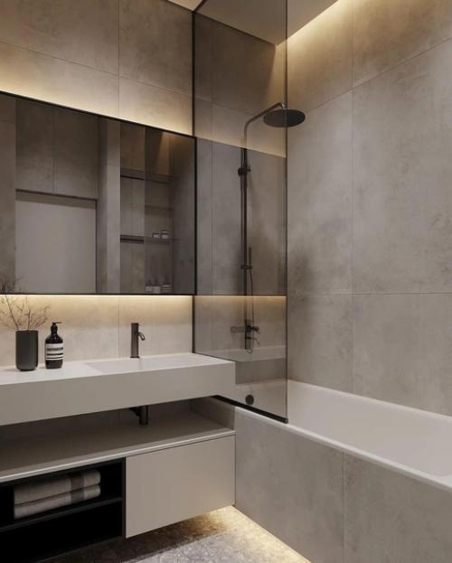 Интерьер санузла в современном стиле в светлых тонах с контрастной черной сантехникой. 01