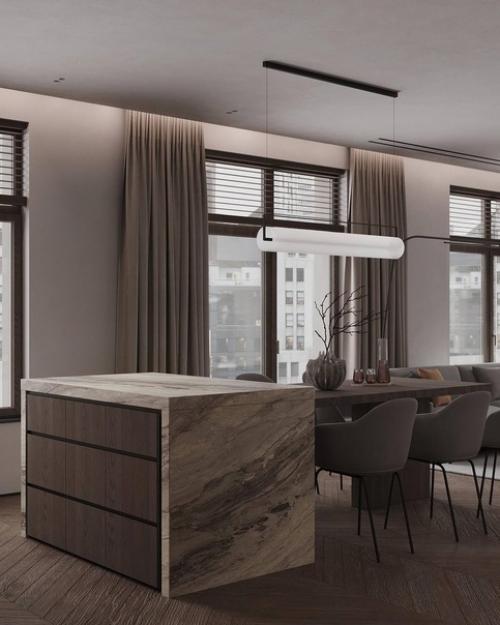 Кухня - гостиная в ЖК Нева Хаус, вот такая достаточно минималистичная и современная, но, в то же время очень уютная. 08