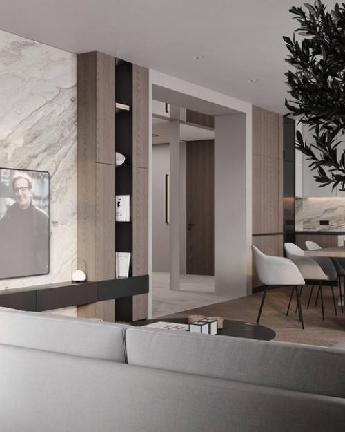 Кухня - гостиная в ЖК Нева Хаус, вот такая достаточно минималистичная и современная, но, в то же время очень уютная. 09