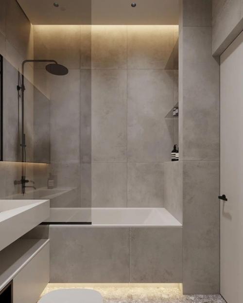 Интерьер санузла в современном стиле в светлых тонах с контрастной черной сантехникой. 04