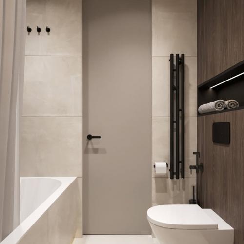 Десять кадров интерьера квартиры, площадью 66 квадратных метров в светло-бежевых тонах. 09