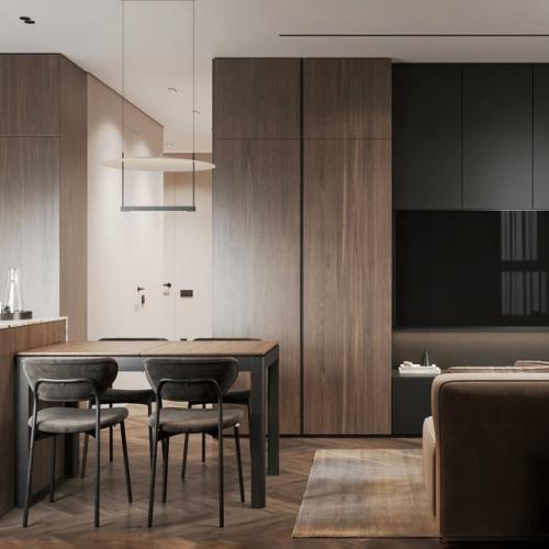 Десять кадров интерьера квартиры, площадью 66 квадратных метров в светло-бежевых тонах. 04