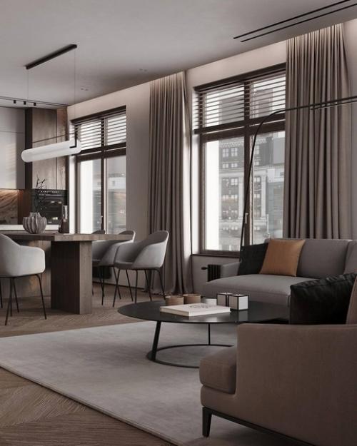 Кухня - гостиная в ЖК Нева Хаус, вот такая достаточно минималистичная и современная, но, в то же время очень уютная. 07