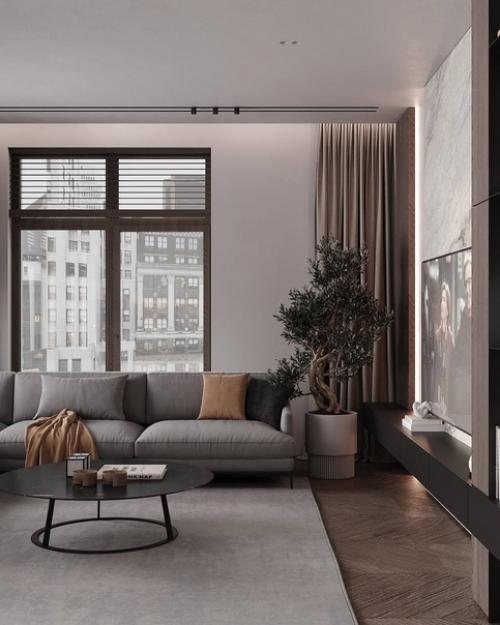 Кухня - гостиная в ЖК Нева Хаус, вот такая достаточно минималистичная и современная, но, в то же время очень уютная. 04