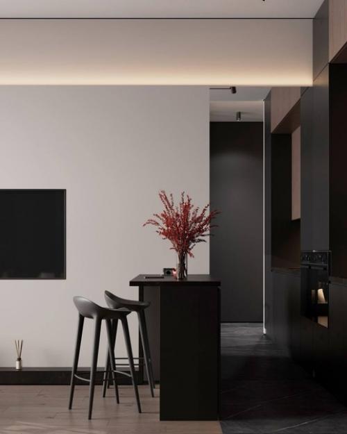 Темные интерьеры создают уникальную атмосферу элегантности, смелости и приватности, что придает помещению изысканность и шарм. 02