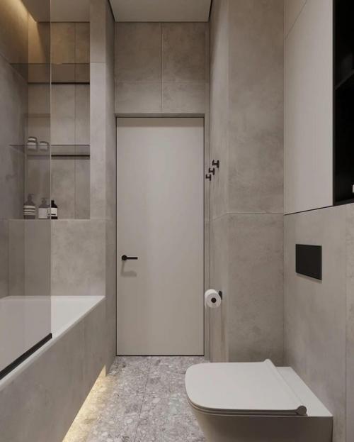 Интерьер санузла в современном стиле в светлых тонах с контрастной черной сантехникой. 02