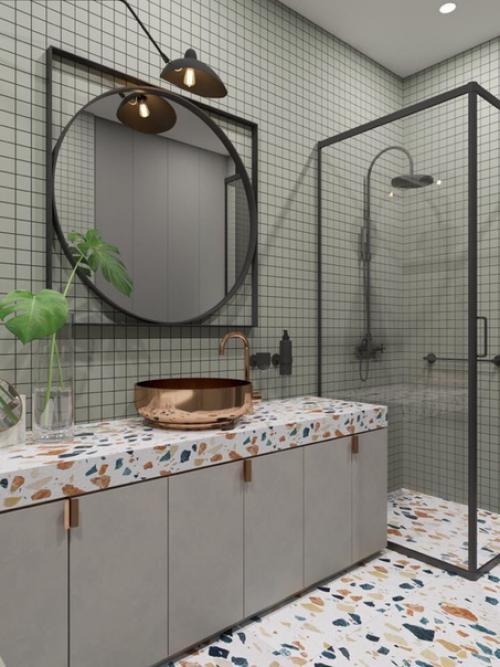 Изначально терраццо - напольное покрытие, которое производится из мраморной крошки, связанной твердым клинкерным цементом. 01