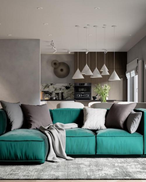 Кухня - гостиная с островом и ярким акцентом в виде дивана. 03