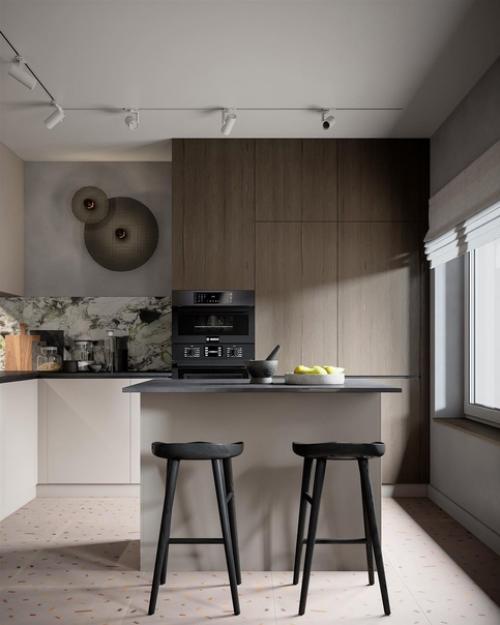 Кухня - гостиная с островом и ярким акцентом в виде дивана. 02