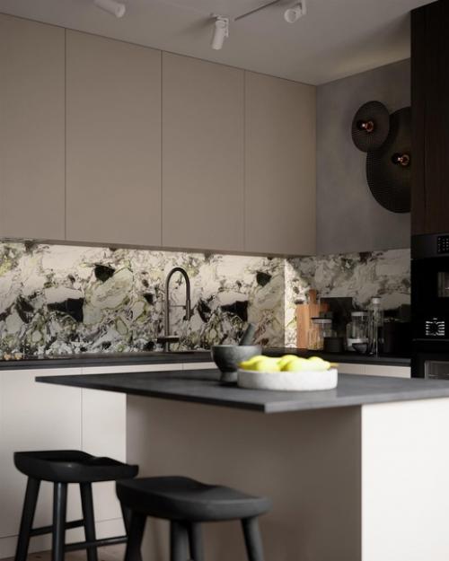 Кухня - гостиная с островом и ярким акцентом в виде дивана. 01