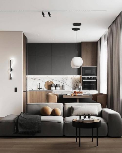 Интерьер однокомнатной квартиры в теплых тонах. 01