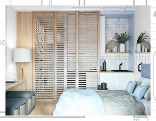 Грамотная организация пространства на ограниченной жилплощади - чуть ли не искусство, особенно когда приходится совмещать функционал двух комнат. 01