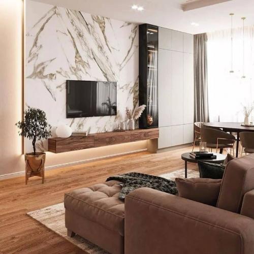 Современная классика с акцентными цветами и материалами в интерьере кухни - гостиной площадью 26 м. 02