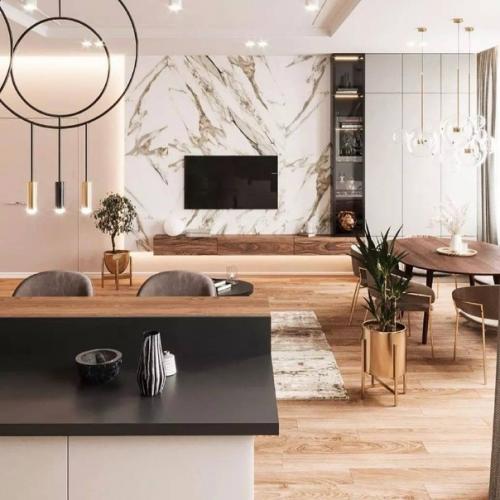 Современная классика с акцентными цветами и материалами в интерьере кухни - гостиной площадью 26 м. 03